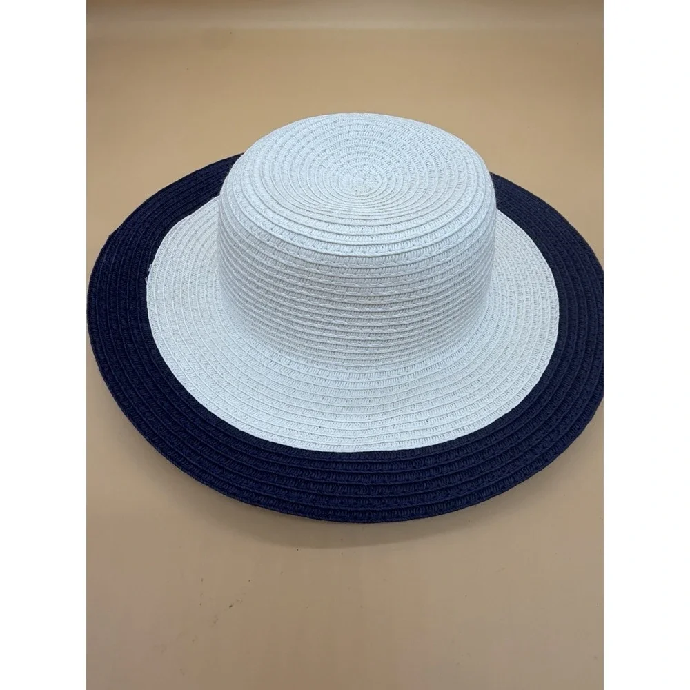 Janie and Jack Layette Baby Sun Hat 6-12 Months Ivory Navy Wide Brim Straw